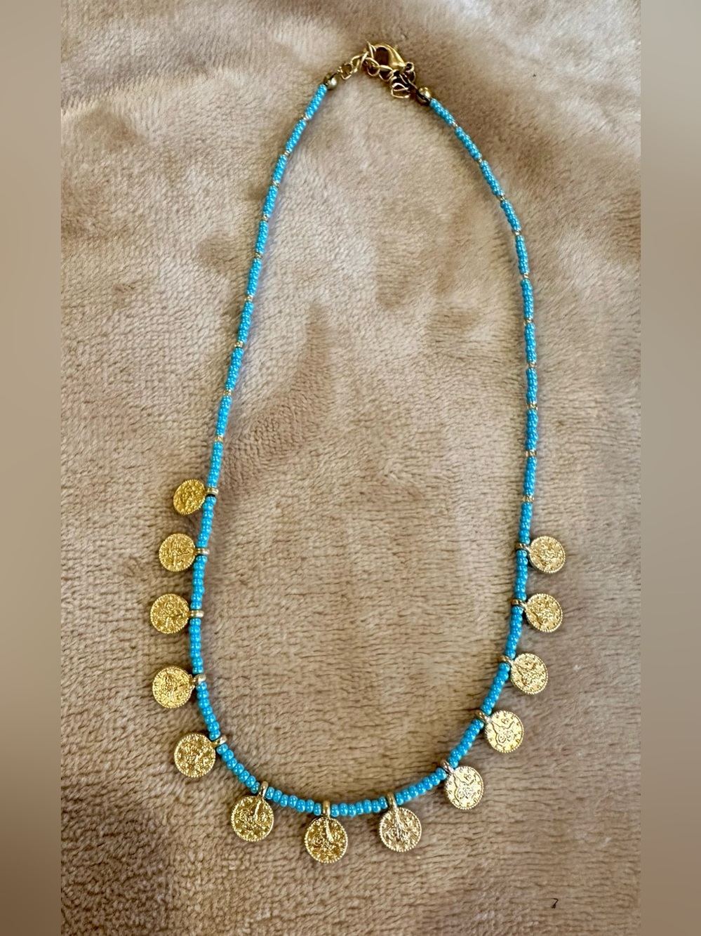 Gold Coin Charm Turquoise Beaded Necklace